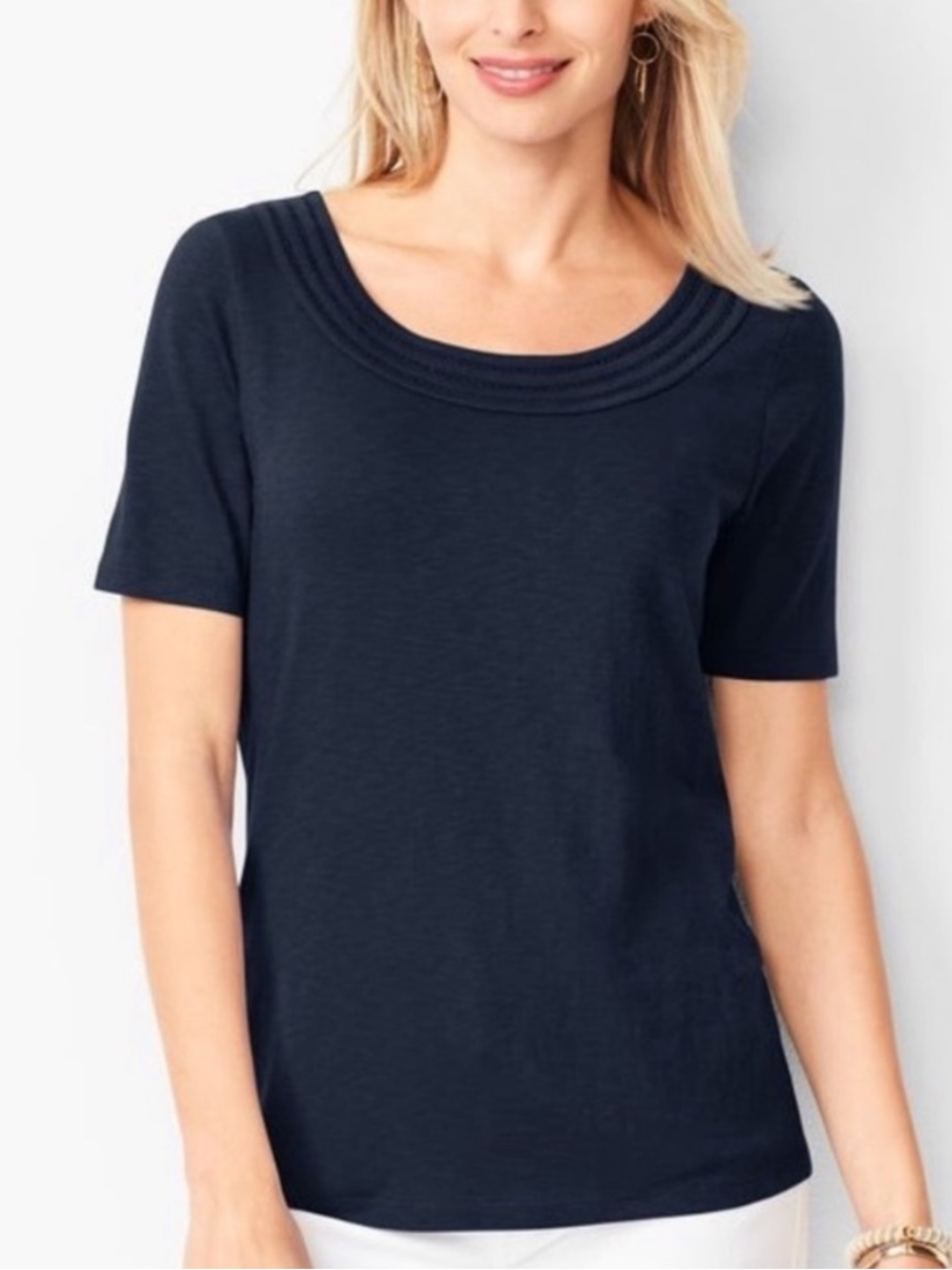 NWOT Talbots Navy Lattice Trim Tee